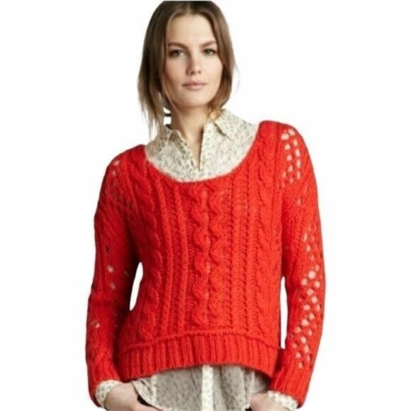 Free People Red Open Cable Knit Chunky Sweater ®